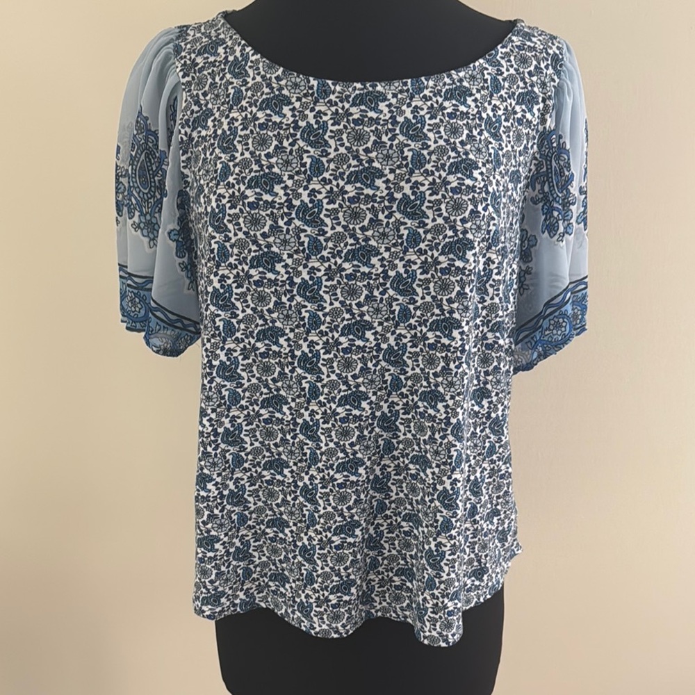 Lucky Brand Blue and White Floral Puff-Sleeve Blouse